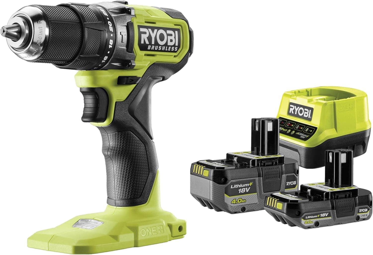 Perceuse-visseuse à percussion RYOBI 18V One+ Brushless - 1 batterie 4,0 Ah - 1 batterie 2.0 Ah - 1 chargeur - RPD18BL1-2C42S