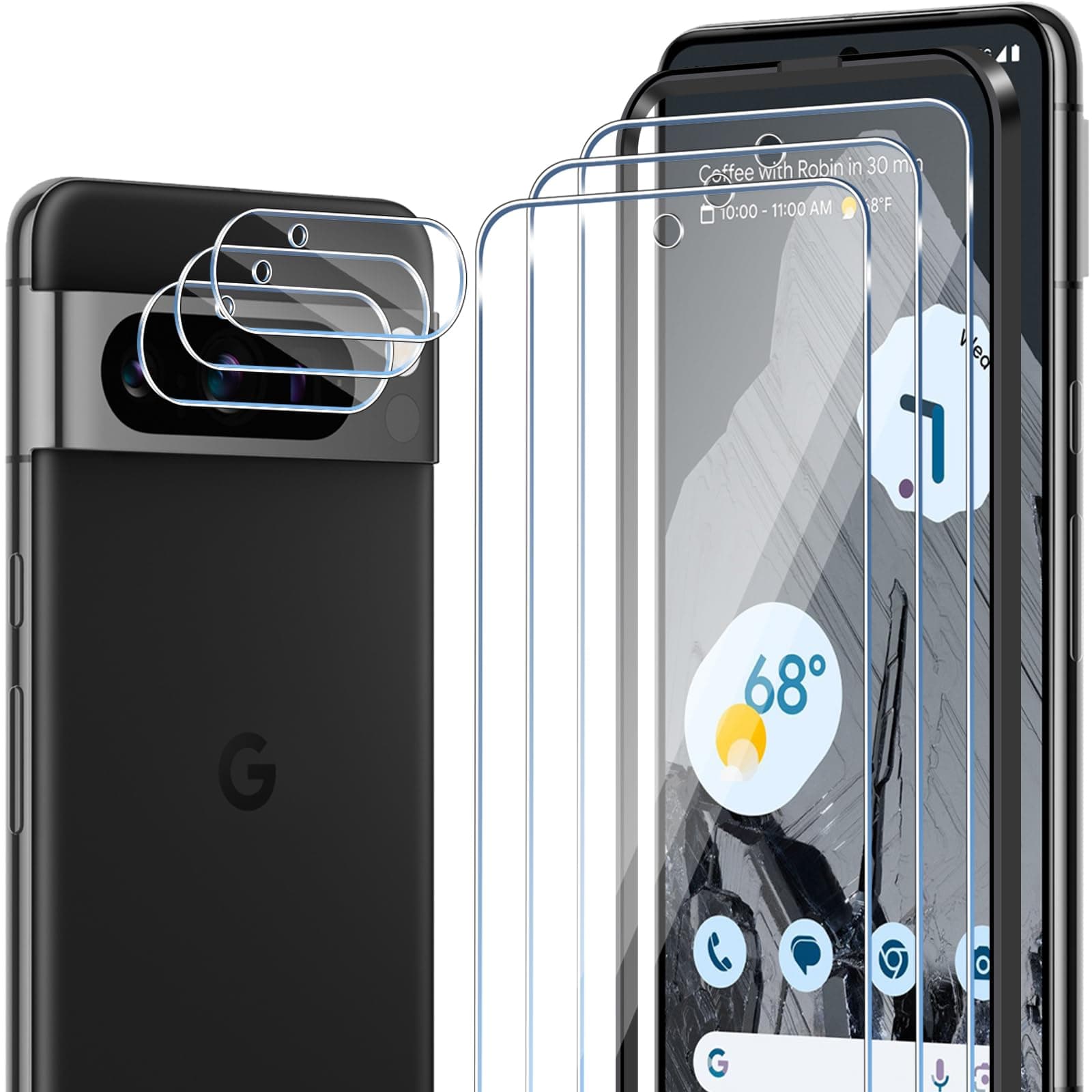Screen Protector Compatible with Google Pixel 8 Pro, 3 Pieces Tempered Glass + 3 Pieces Rear Camera Protector, 9H Hardness Bubble-Free Anti-Scratch with Alignment Frame Screen Protector - Image 1