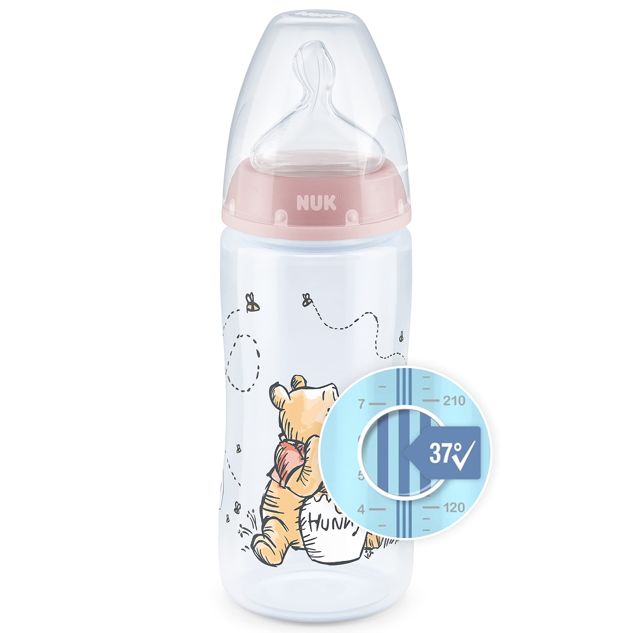 NUK First Choice+ Disney Baby Bottle | 0-6 Months | Temperature Display | 300ml Bottle with Anti-Colic Valve | BPA Free | Silicone Teat | Winnie the Pooh (Pink) - Image 1