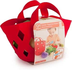 Hape Felt Toy Vegetable Basket - Imitation Game for Children 18+ Months - Realistic Felt Dinette Accessories - Basket, Knife, Carrot, Eggplant, Cabbage, Beans - Kitchen Accessories
