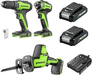 Greenworks 3 Piece 24V Cordless Tool Kit consisting of a cordless screwdriver (35 Nm), a cordless impact driver (220 Nm), a mini cordless reciprocating saw, 2 batteries and a charger