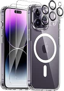 COPIKE Magnetic Case for iPhone 14 Pro with 2 Tempered Glass and 2 Protective Camera, Compatible with MagSafe, Magnetic Anti-Yellow Shockproof Anti-Scratch PC Back and TPU Bumper Case, Transparent