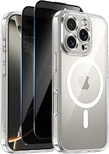 Helssitot Magnetic Case for iPhone 16 Pro with 2 Tempered Glass Anti-Spy Compatible with MagSafe Military Case Shockproof Bumper 6.3 Inches-Transparent