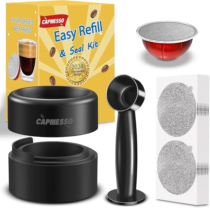 CAPMESSO Vertuo Reusable Capsule Refill Kit, 2025 Design for Faster Sealing, Reusable Nespresso Vertuo Pods with Filling and Press Brush, 100 Lids - Image 1