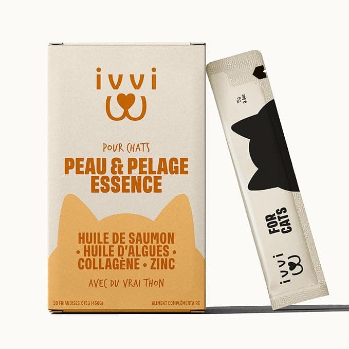 Salmon Oil ivvi Skin & Coat Essence for Cats – Lick Cream with Salmon Oil, Algae Oil, Zinc & Collagen – Skin and Coat Support – 30x15g – Real Tuna