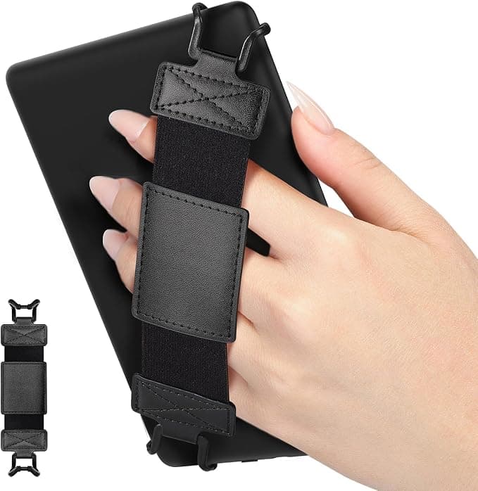 MoKo Soft Hand Strap for 6-8 inch Kindle eReaders Fire Tablet -Kobo/Voyaga/Sony Kindle E-Book Tablet, High Elasticity Lightweight Multi-purpose Tablet Security Strap with Non-Slip Stand, Black - Image 1