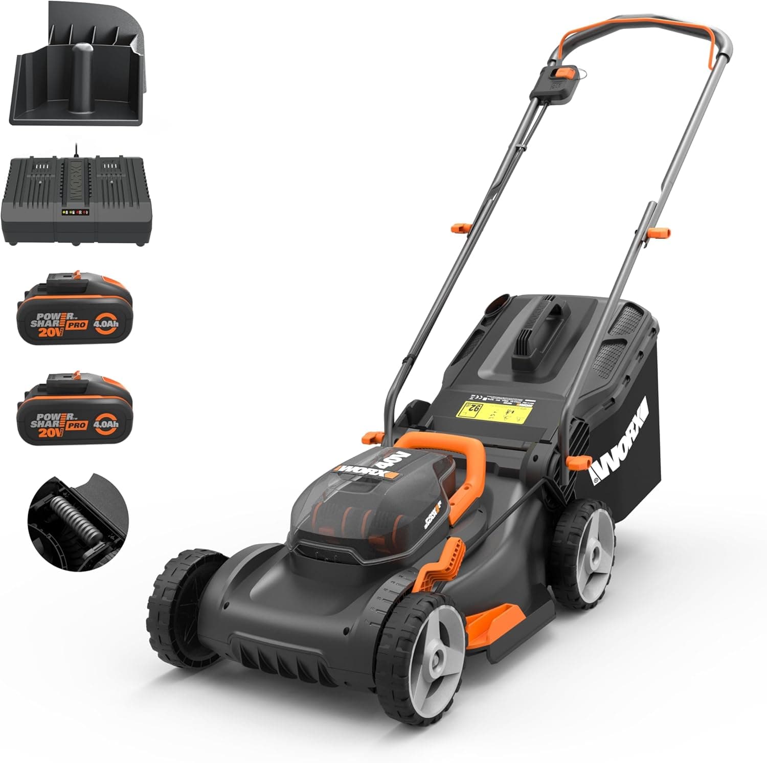 WORX Tondeuse à Gazon sans Fil 40 V (2 x 20 V) Max 40cm WG734E Idéale pour Un Jardin jusqu'à 500m², Powershare, 4 Ah, Technologie IntelliCut Hauteur de Coupe 20-80mm