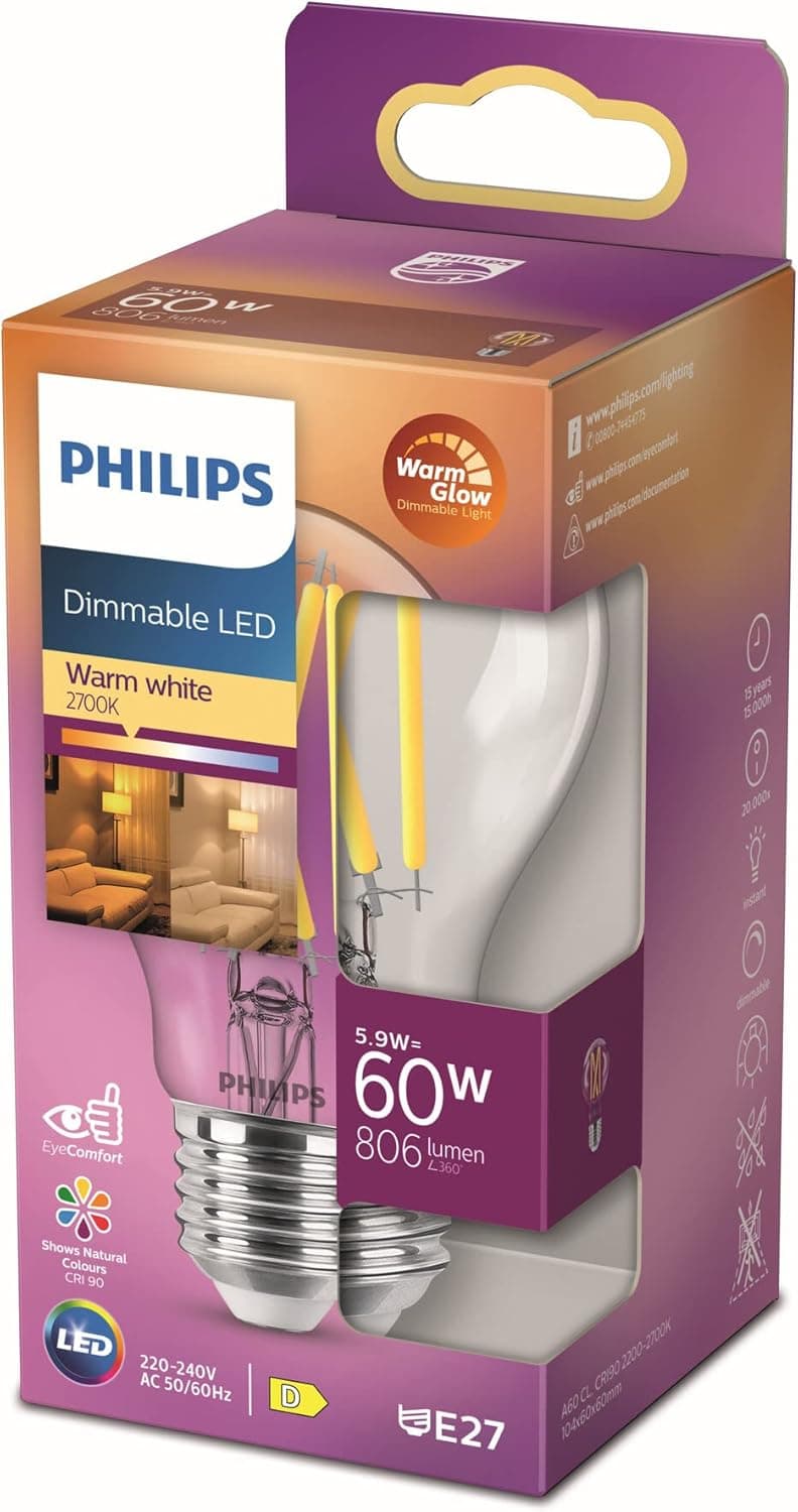 Philips Philips Ampoule LED Classic E27 WarmGlow, 60 W, à intensité variable, claire, blanc chaud