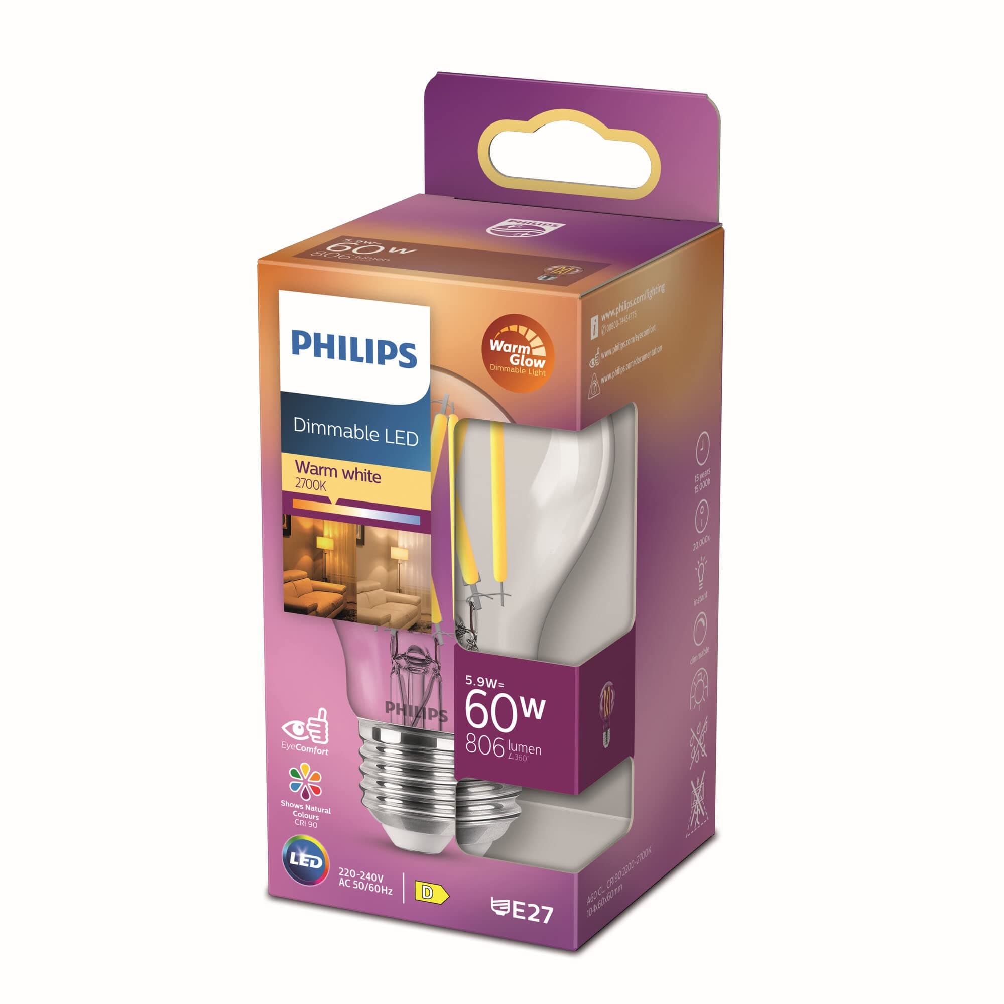 Philips Ampoule LED Classic E27 WarmGlow, 60 W, à intensité variable, claire, blanc chaud - Image 9