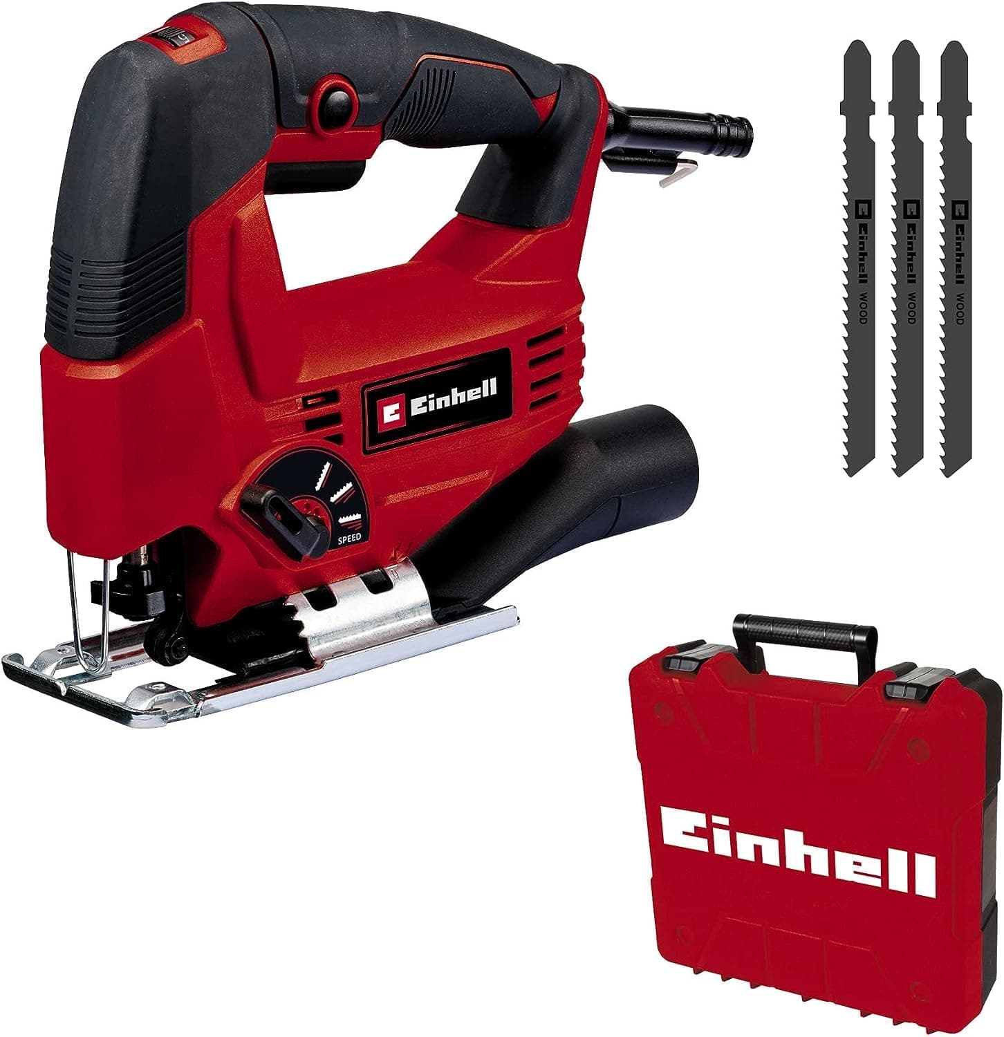 Einhell Einhell Jigsaw TC-JS 80/1 Kit (550 W, stroke height 20 mm, pendulum movement, cutting depth 80 mm in wood/10 mm in steel, speed 3,000 rpm, with 3 T-shank blades)