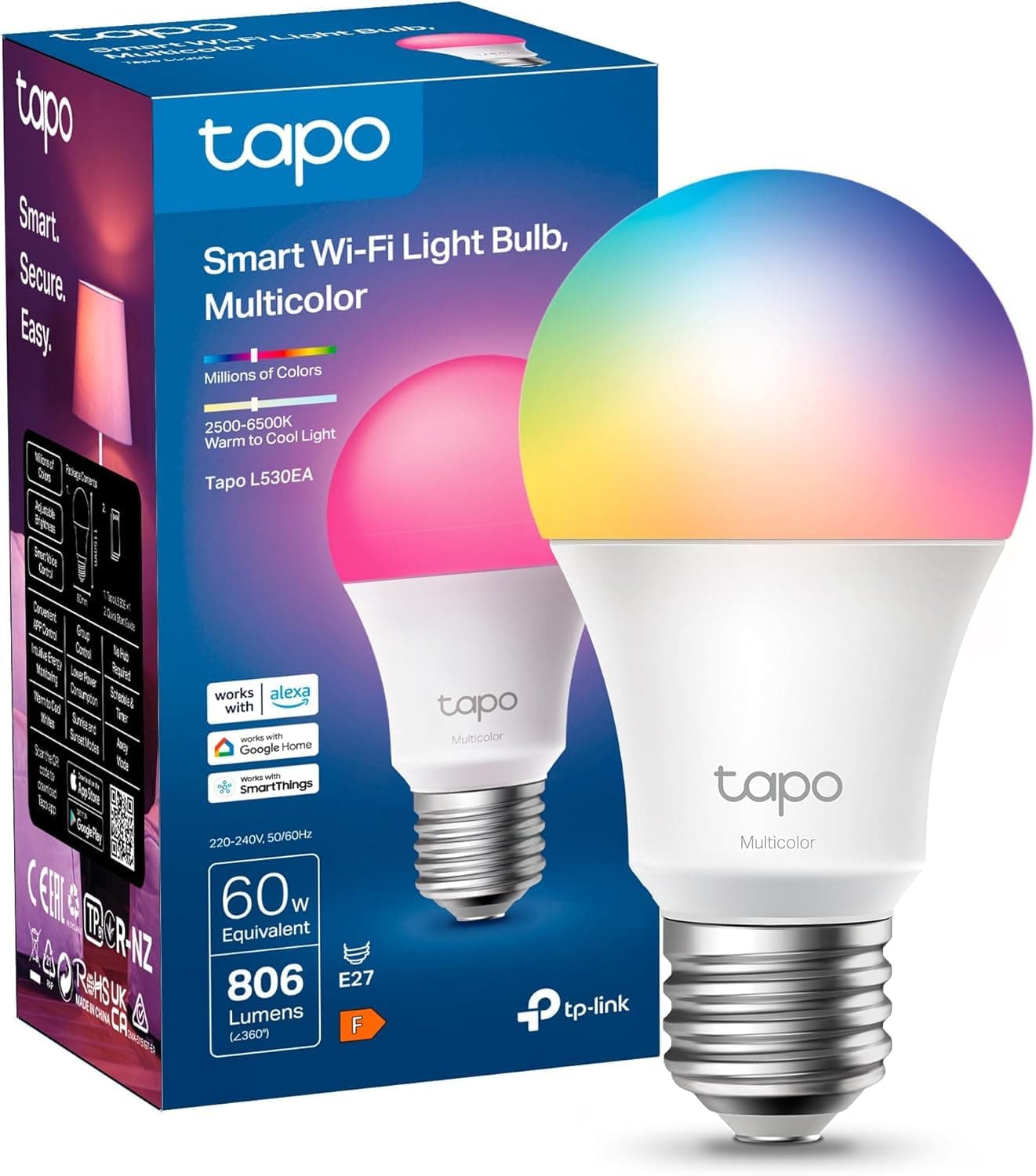 Tapo Ampoule Connectée WiFi, Ampoule LED E27 Multicolore 2500K-6500K, Dimmable 8.7 W 806Lm, Fonctionne avec Alexa, Commande Vocale, Economie d'énergie, Tapo L530EA - Image 4