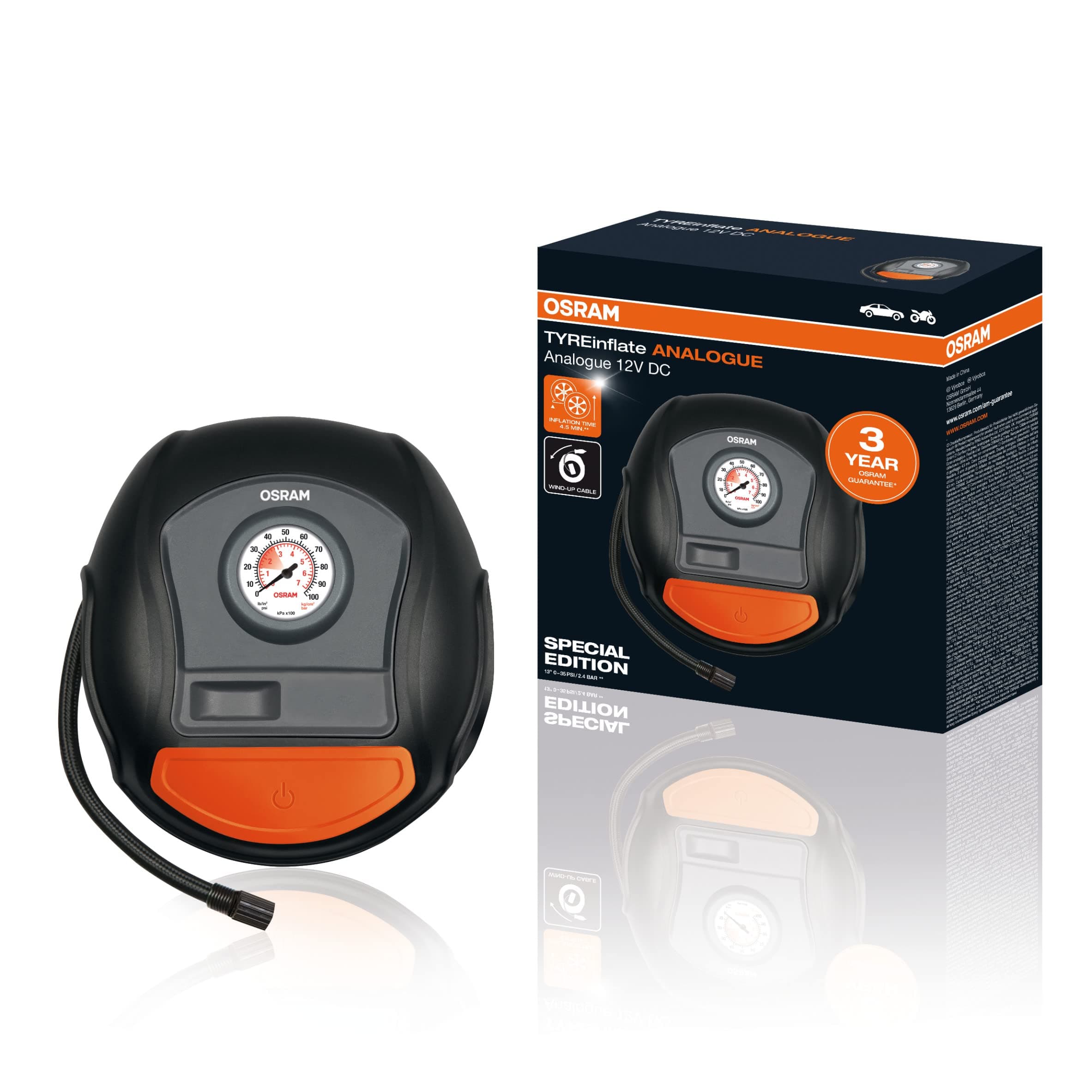 Osram OSRAM TYREinflate ANALOGUE, analogue and portable compressor, electric tire air pump, connection to 12V car socket, tyre inflation in 4.5 minutes