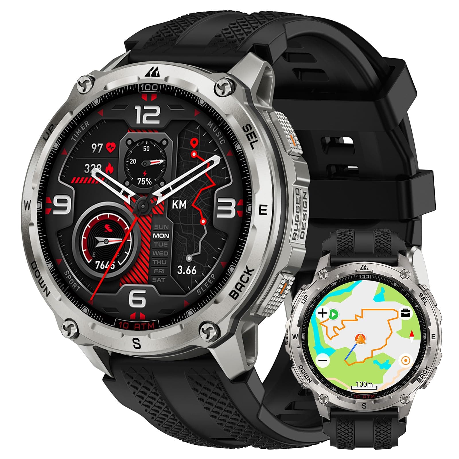 KOSPET Tank T4 Men's Smartwatch, Stainless Steel, GPS & Offline Maps, Waterproof 10ATM (45M Diving), 50 Day Battery, Bluetooth Calls, 24/7 Health Monitoring, Android and iOS (Silver) - Image 1