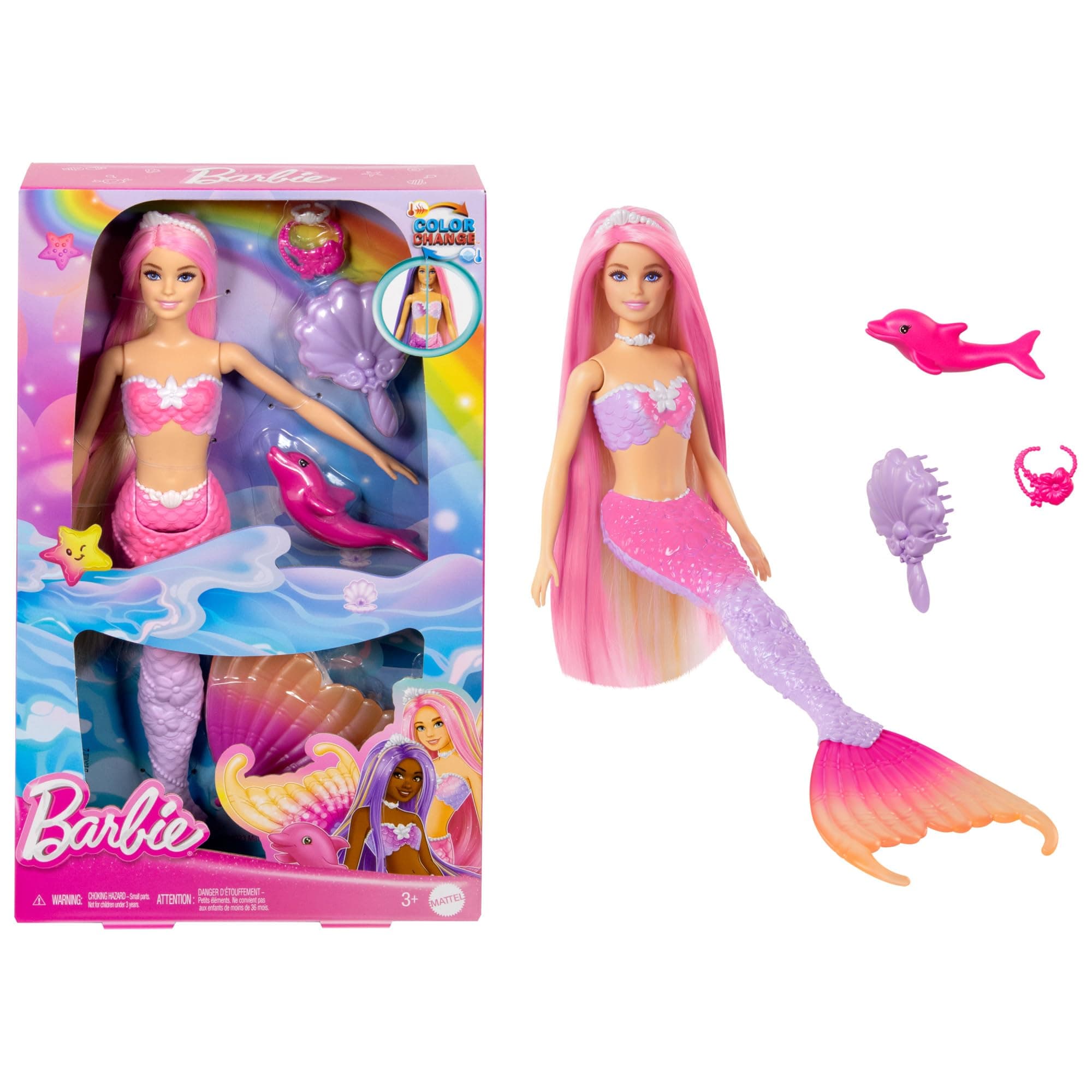 Barbie Barbie HRP97 "Malibu" Mermaid Doll Pink Hair Styling Accessories Pet Dolphin Colour Changing Function Child Toy Age 3+