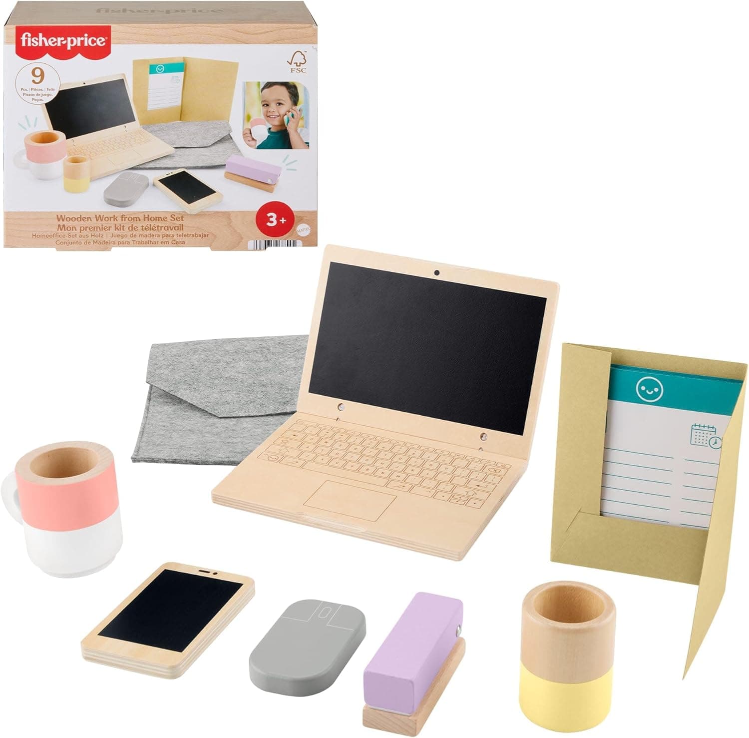 Fisher-Price Fisher-Price HXV11 9 Piece Wooden Telework Set with Laptop and Wooden Phone for Imitation Play for Children from 3 Years Old