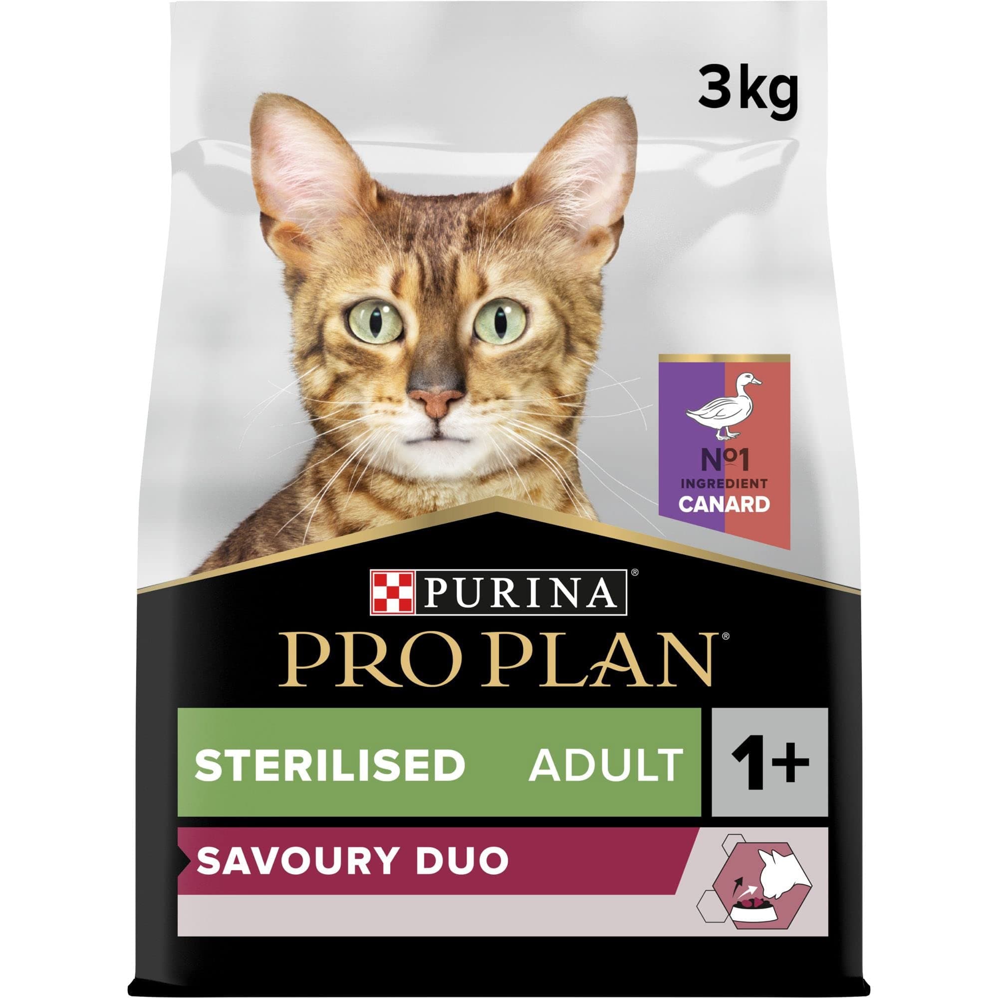 PURINA PRO PLAN | Savoury Duo | Complete Food for Sterilised Adult Cats | Promotes Urinary Well-Being with High Protein Content | Rich in Duck and Liver | Dry Food | Bag | Pack of 4 x 3 kg