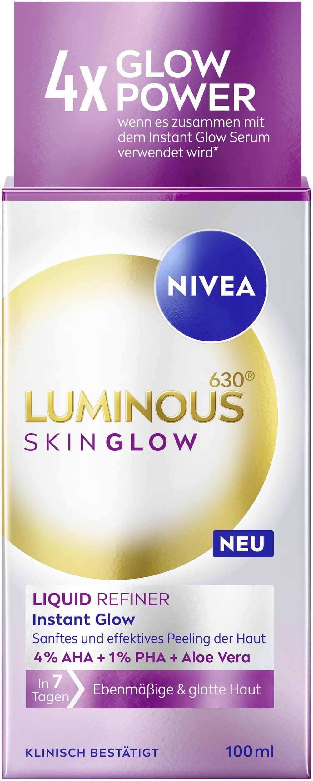 NIVEA LUMINOUS630 Skin Glow Liquid Refiner, Gentle and Effective AHA Exfoliator for Even and Smooth Skin, Pore-Firming Face Care with 4% AHA, 1% PHA and Aloe Vera (100ml)