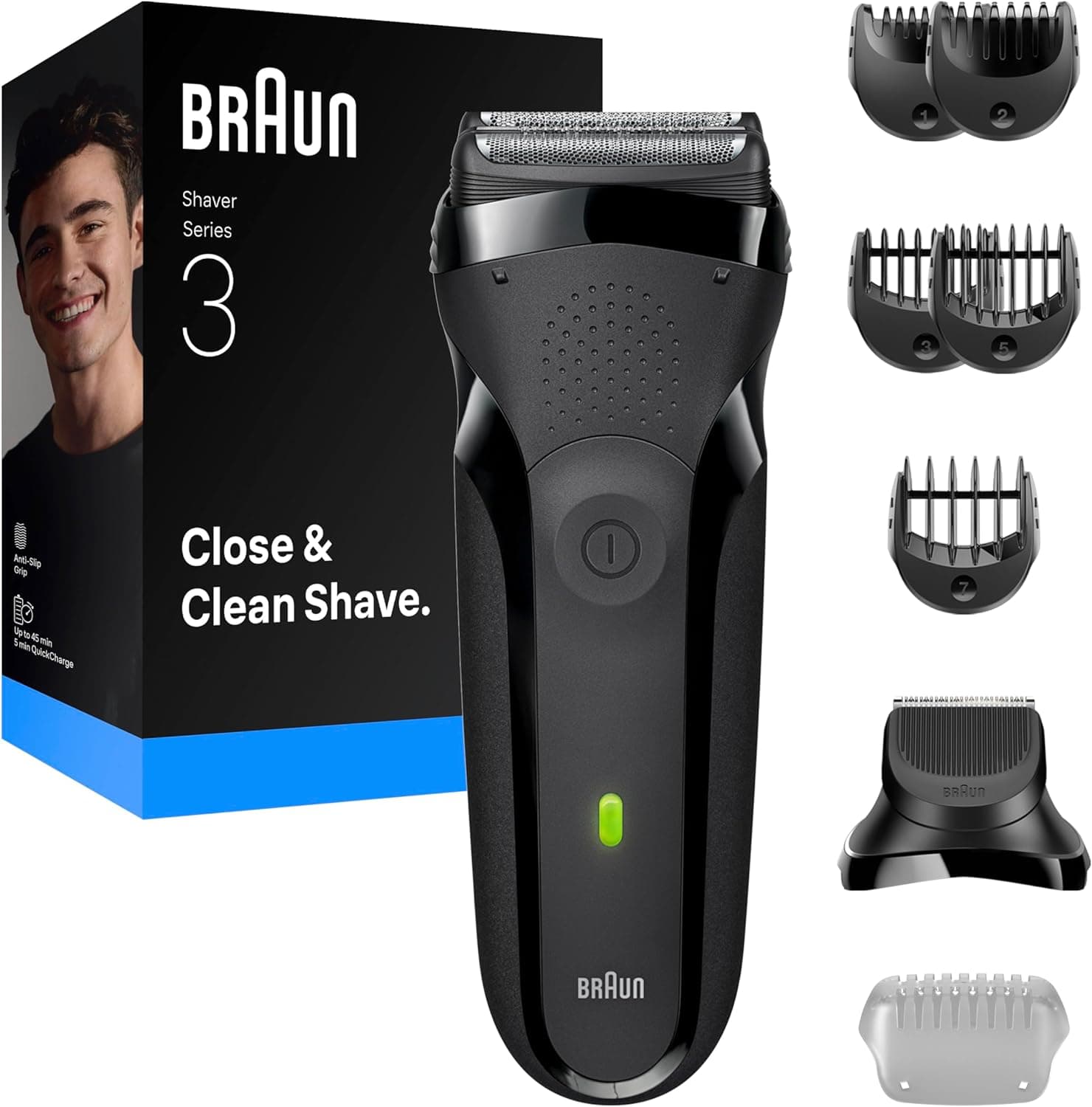 Braun Rasoir électrique série 3, 3 lames flexibles, accessoire tondeuse à barbe, + 5 peignes, rasoir sec pour homme, conçu en Allemagne, 300BT, gris - Image 1