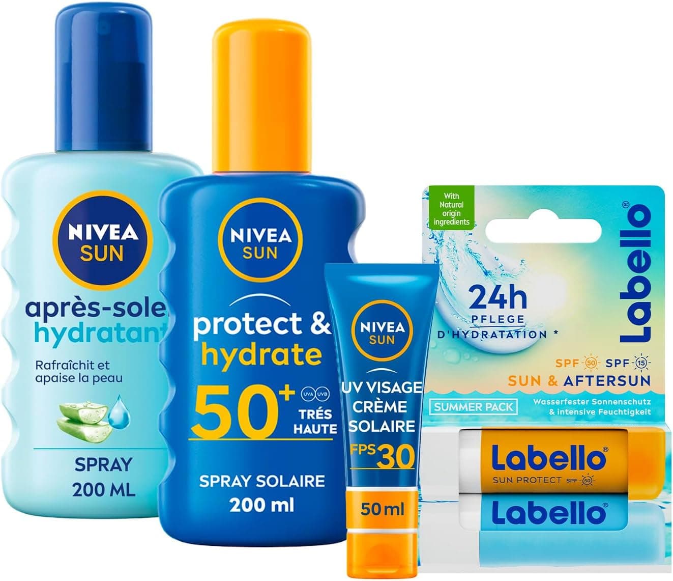 NIVEA SUN - Coffret Protection Solaire - Crème Solaire Visage FPS 30 (50 ml) + Spray Protect & Hydrate FPS 50+ (200 ml) + Spray Après Soleil (200 ml) + Duo Labello Sun & After Sun + Ballon De Plage