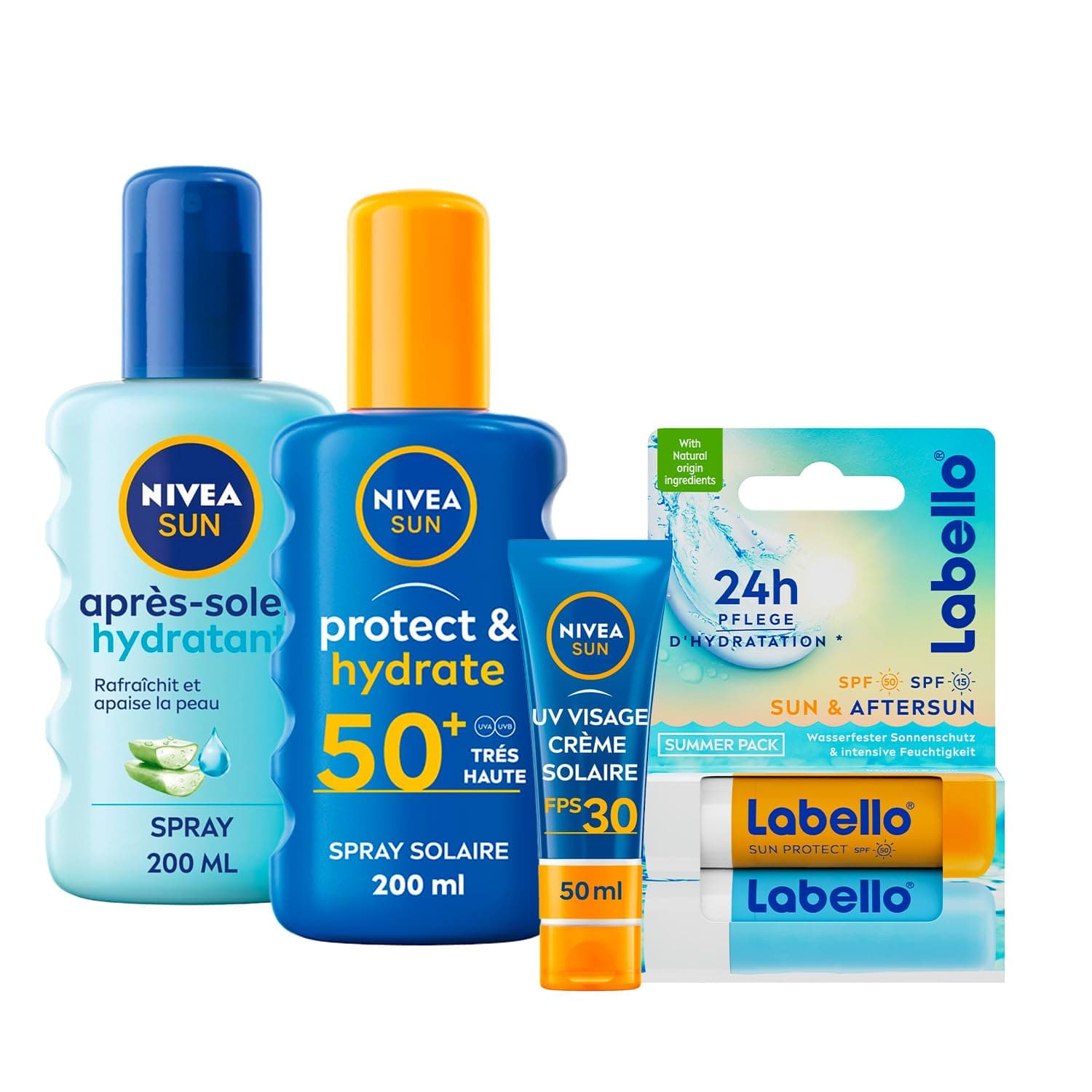 NIVEA SUN - Coffret Protection Solaire - Crème Solaire Visage FPS 30 (50 ml) + Spray Protect & Hydrate FPS 50+ (200 ml) + Spray Après Soleil (200 ml) + Duo Labello Sun & After Sun + Ballon De Plage - Image 9