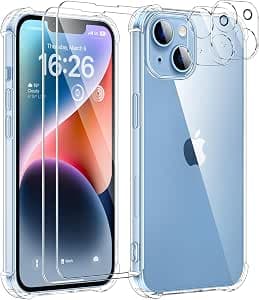 5 in 1 Case for iPhone 14 with 2 Tempered Glass and 2 Camera Protectors, Shockproof Protective Case with Built-In Air Cushion Slim Bumper Cover - Transparent