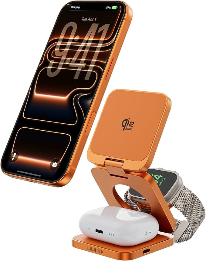 LULULOOK Qi2.2 3 in 1 Aluminum MagSafe Charging Dock with 25W Fast Charging Foldable for 17 Pro Max/17 Pro/17 Air/17 Air/17 5W for Apple Watch 11, AirPods