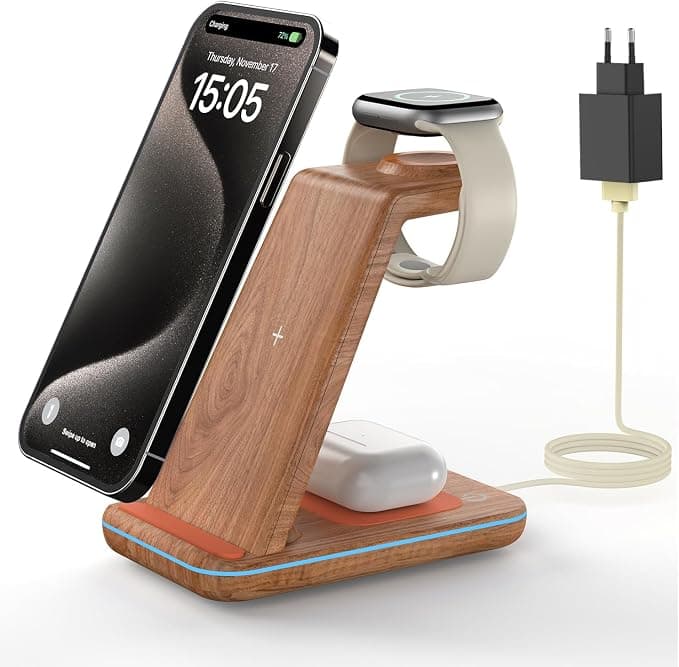 GEEKERA Apple Charging Dock, Induction Charger 3 in 1 for iPhone Air/17/16/15/14/13/12/11/XS/8, Charging Stand for Apple Watch Ultra/11-2/SE, Wireless Charger for AirPods Pro-2, Wood - Image 1