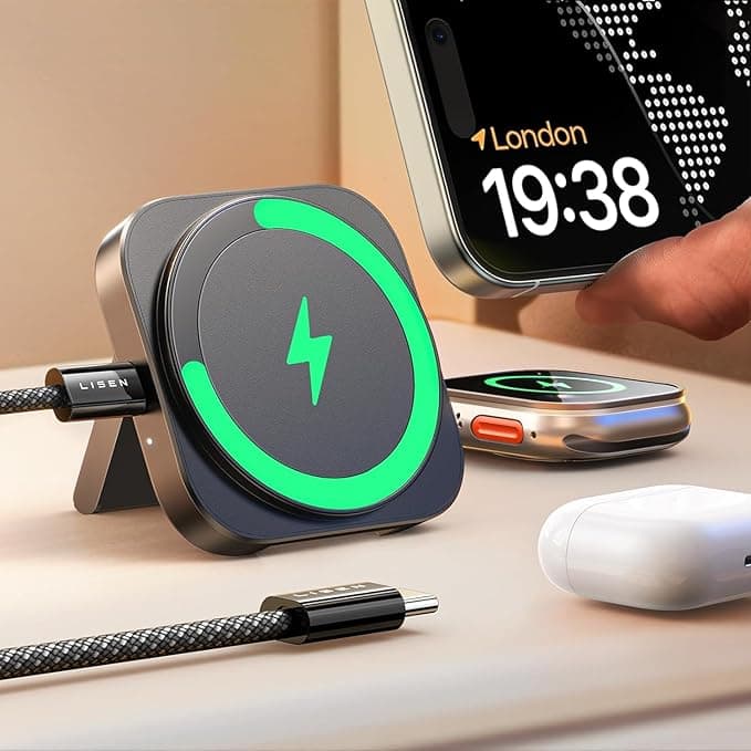 LISEN iPhone Induction Charger Stand for [Ultra Portable] Apple MagSafe Charger [2 in 1] Compatible with iPhone 12-16 Pro Max and Apple Watch Series 2-10/AirPods 2 3Pro