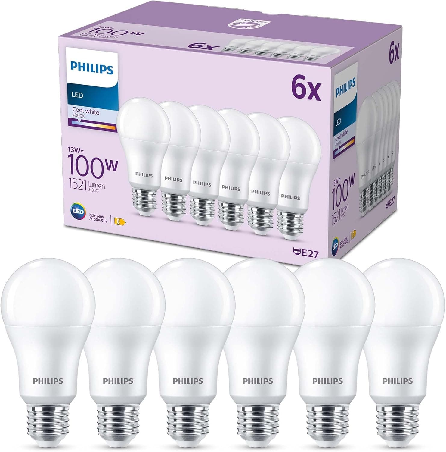 Philips Philips, pack de 6 ampoules LED E27, 100W, blanc froid non dimmable