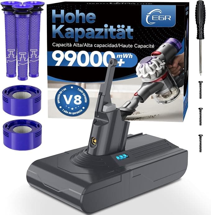 EGR Upgraded V8 Battery Compatible for Dyson V8 Absolute/Animal/Motorhead/Fluffy SV10 Carbon Fiber Vacuum Cleaner Battery with 5 Filters and 3 Screws - Image 1