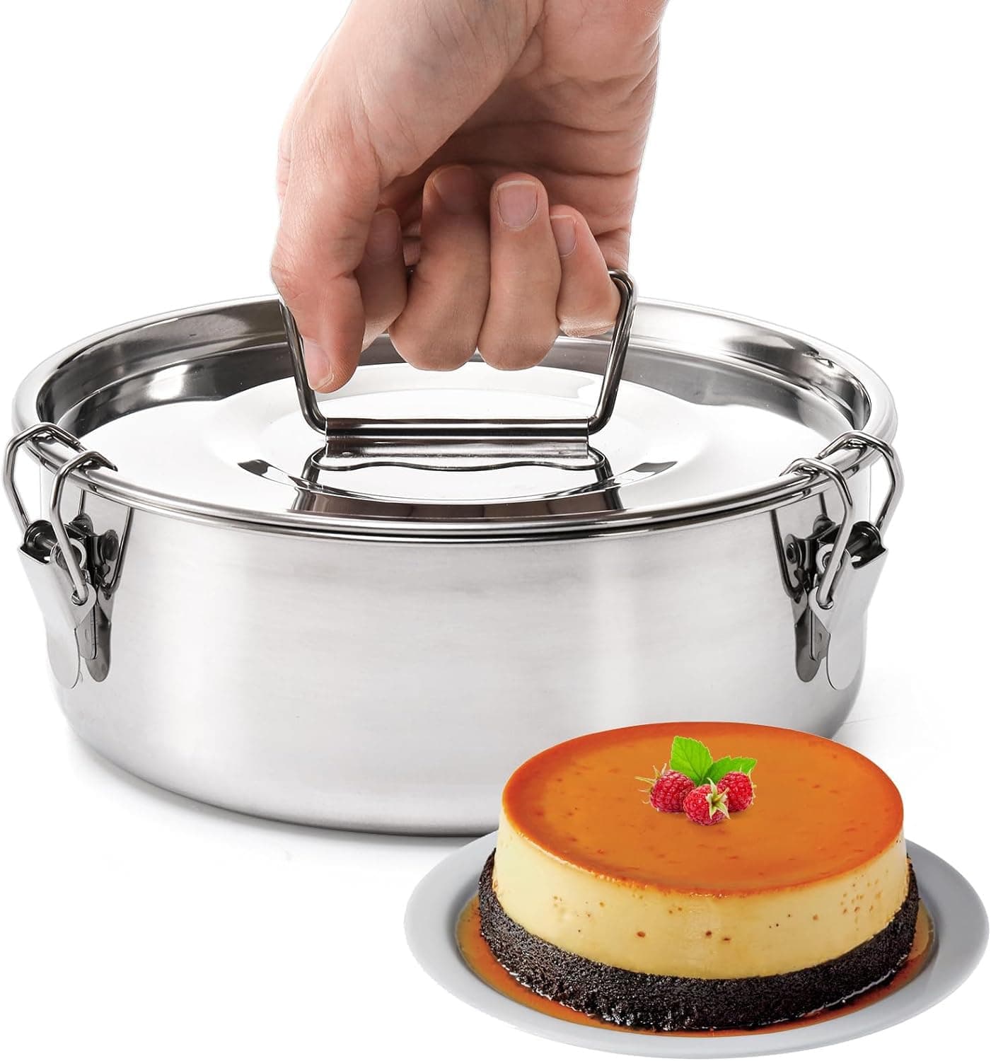 Stainless Steel Flan Mold With Lid And Portable Round Flan Flat Handle Cooking Utensils For Camping Instant Pot For Cheesecake Chocolate Pudding
