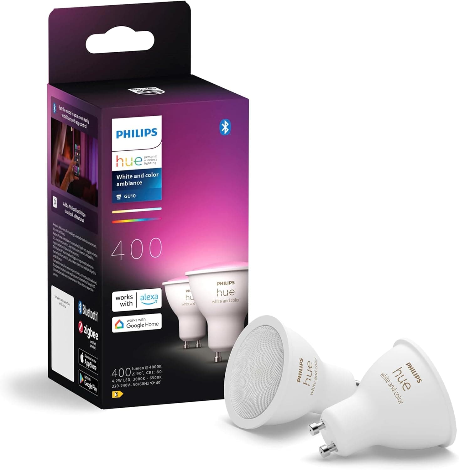 Philips Hue White and Color Ambiance Smart LED Bulb, 2 Pack, GU10 Base, 400 Lumens, Bluetooth Compatible, Works with Alexa, Google Assistant and Apple HomeKit - Image 1
