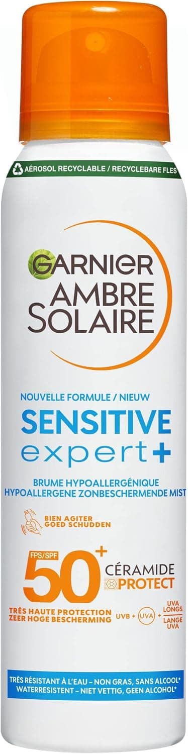 GARNIER Ambre Solaire Sensitive Expert+ - Brume Sèche - Protection Solaire FPS 50+ - Protège des UVA, UVB & UVA Longs - Résiste à L'eau - Céramides - Peaux Sensibles & Intolérantes au Soleil - 150 ml - Image 1