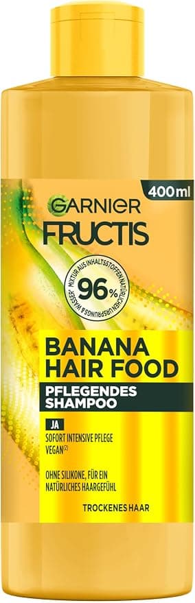 Garnier Fructis Banana Shampoo for Damaged Hair, Gentle Cleansing with Light Foam, for Flexibility and Cared for Hair, Vegan Formula, Paraben Free, 3-in-1, 400 ml - Image 1