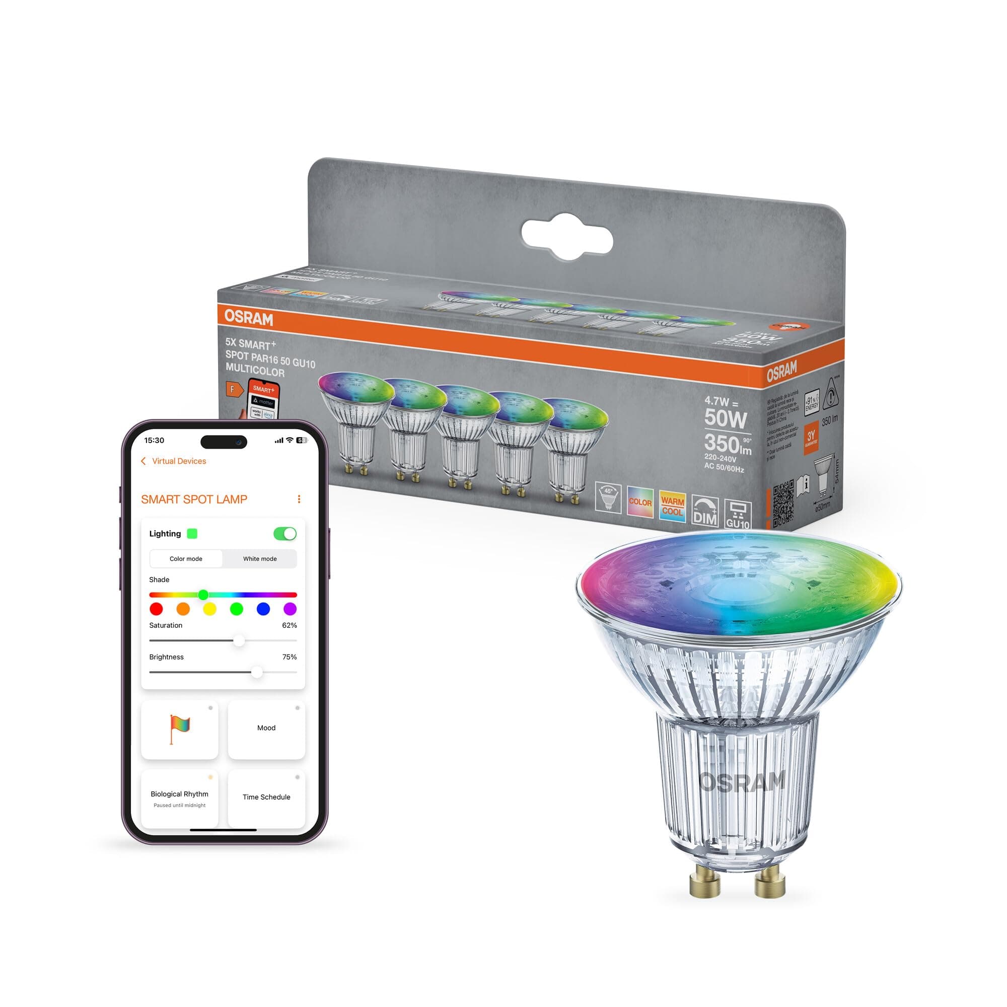 Osram SMART+ Spot LED RGB PAR15 (lot de 5, GU10, 5W) – RGB + blanc chaud à froid – contrôle intelligent – Matter via Wi-Fi – Alexa, Google, Apple - Image 2