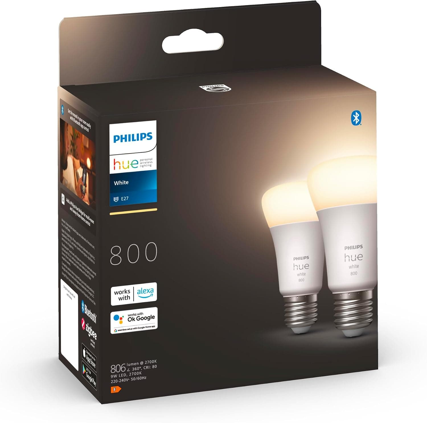 Philips Hue White E27 Smart LED Bulbs, 60W Equivalent, 800 Lumens, Bluetooth Compatible, Pack of 2, Works with Alexa, Google Assistant and Apple Homekit, Older Generation - Image 1