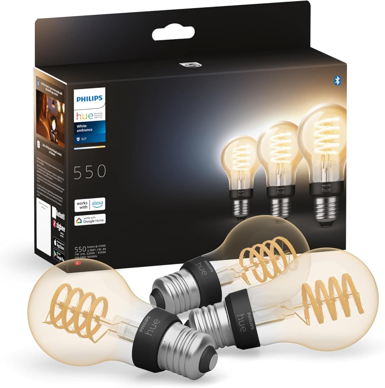 Philips Hue Philips Hue White Ambiance, ampoule LED connectée filament culot E27, compatible Bluetooth, pack de 3, fonctionne avec Alexa, Google et Apple Homekit