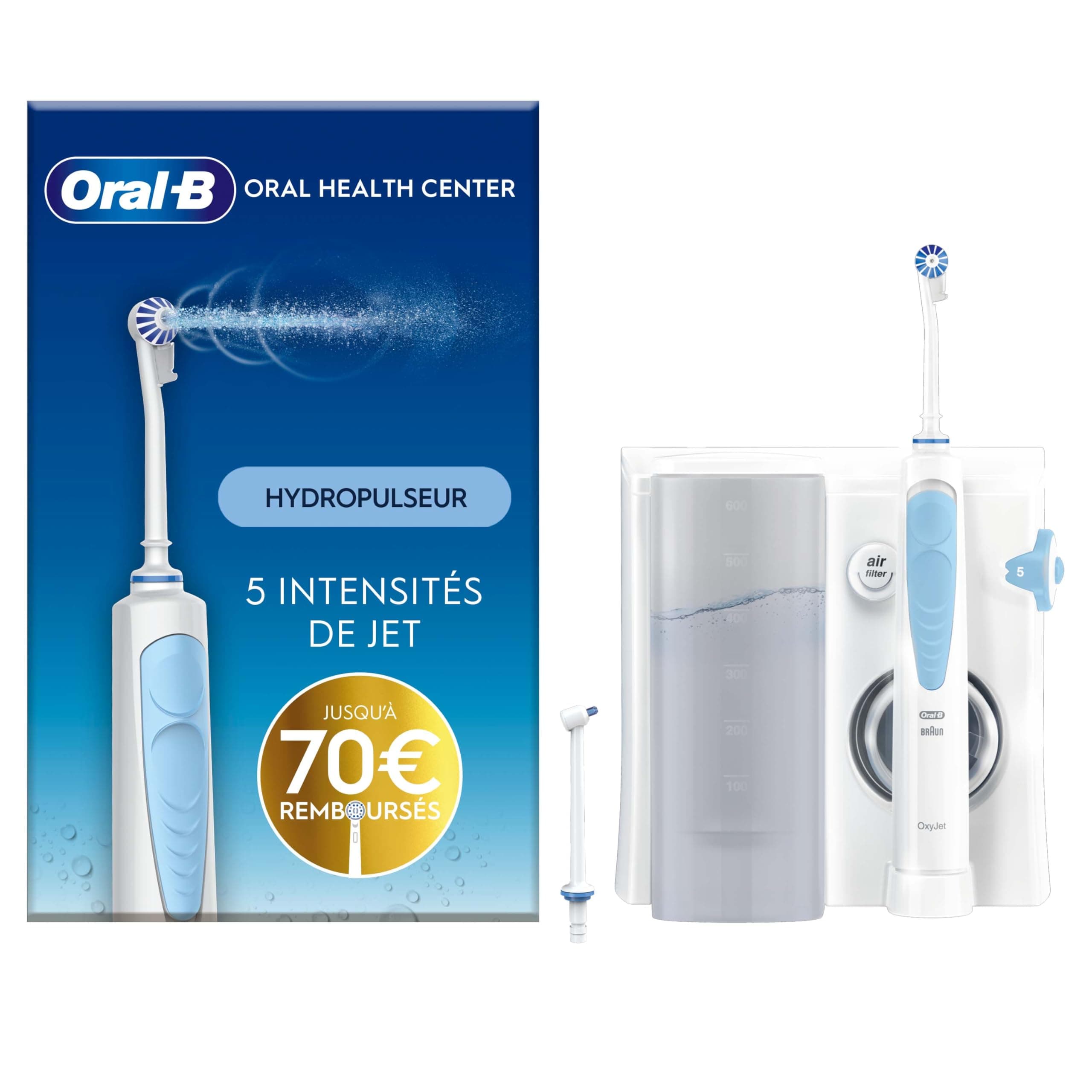 Oral-B Oral Health Center Dental Irrigator, Dental Jet, 1 Oxyjet Cannula, 1 Cannula Water Jet, 4 Water Jets and 5 Pressures, Interdental Cleaner and Dental Plate, Rechargeable