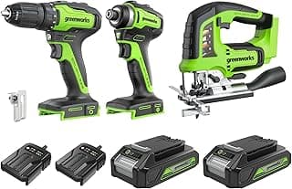 Greenworks 3 Piece 24V Cordless Tool Kit consisting of cordless screwdriver (35 Nm), cordless impact driver (220 Nm), cordless jigsaw, 2 batteries and charger