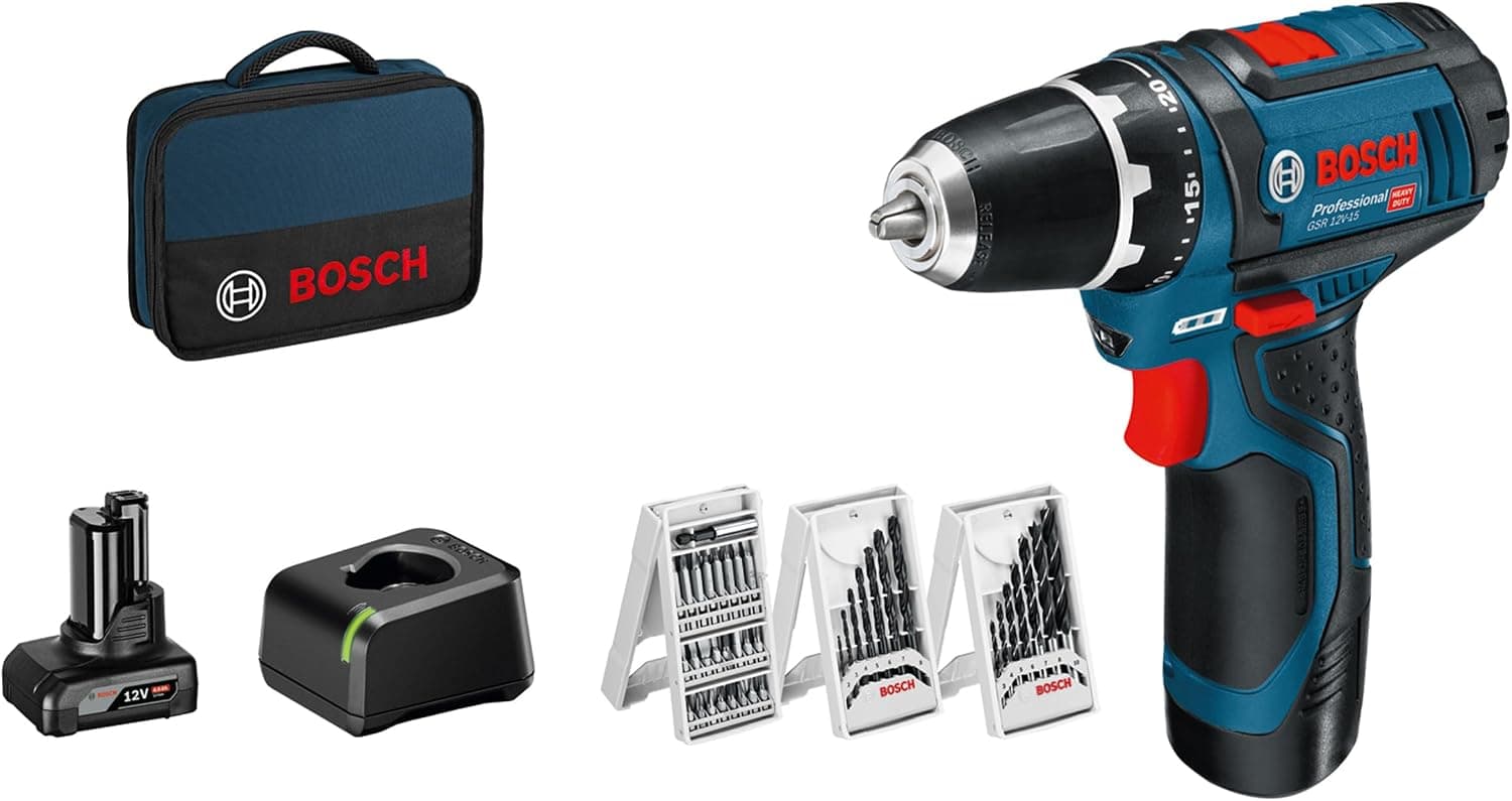 Bosch Professional 12V GSR 12V-15 Cordless Drill Driver System (with 39-piece accessory set, 2.0 Ah battery, 4.0 Ah battery, GAL 12V-20 charger, tool bag) - Image 1