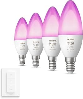 Philips Hue Pack avantagé - E14 - avec 4 Ampoules Flamme - Lumière blanche et colorée - Comprend 1 Variateur de lumiere Hue - Hue White and Color Ambiance