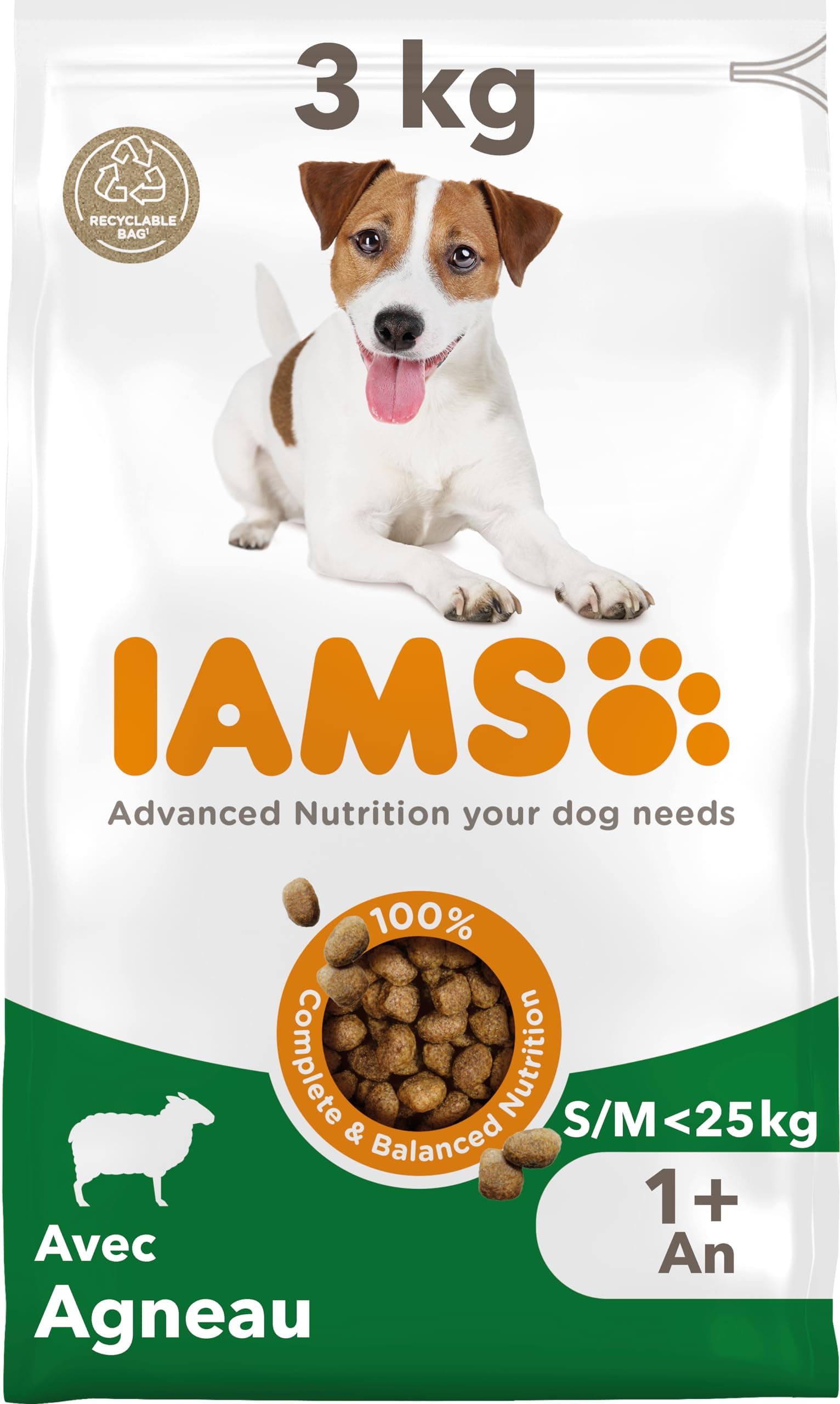IAMS Advanced Nutrition for Adult Dogs Small and Medium Breeds 1 Year + – 100% Complete & Balanced Lamb Food – Wheat Free – Non-GMO Artificial Flavour Colours – Resealable Bag 3 kg
