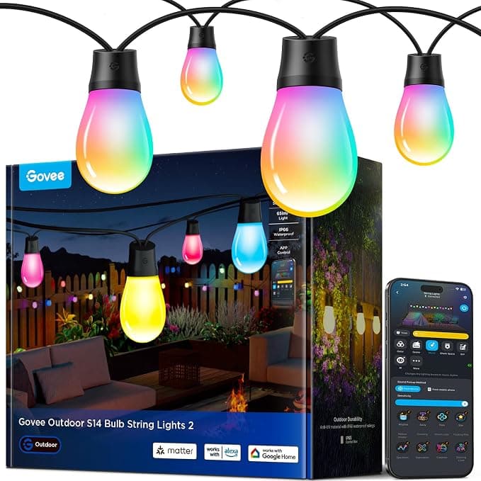 Govee Outdoor String Lights, 15M RGB LED Bulbs Warm White, WiFi Garden Lamp, Works with Alexa, APP Control, IP66 Waterproof, 111 Stage Modes, Dimmable Christmas Outdoor Decoration - Image 1