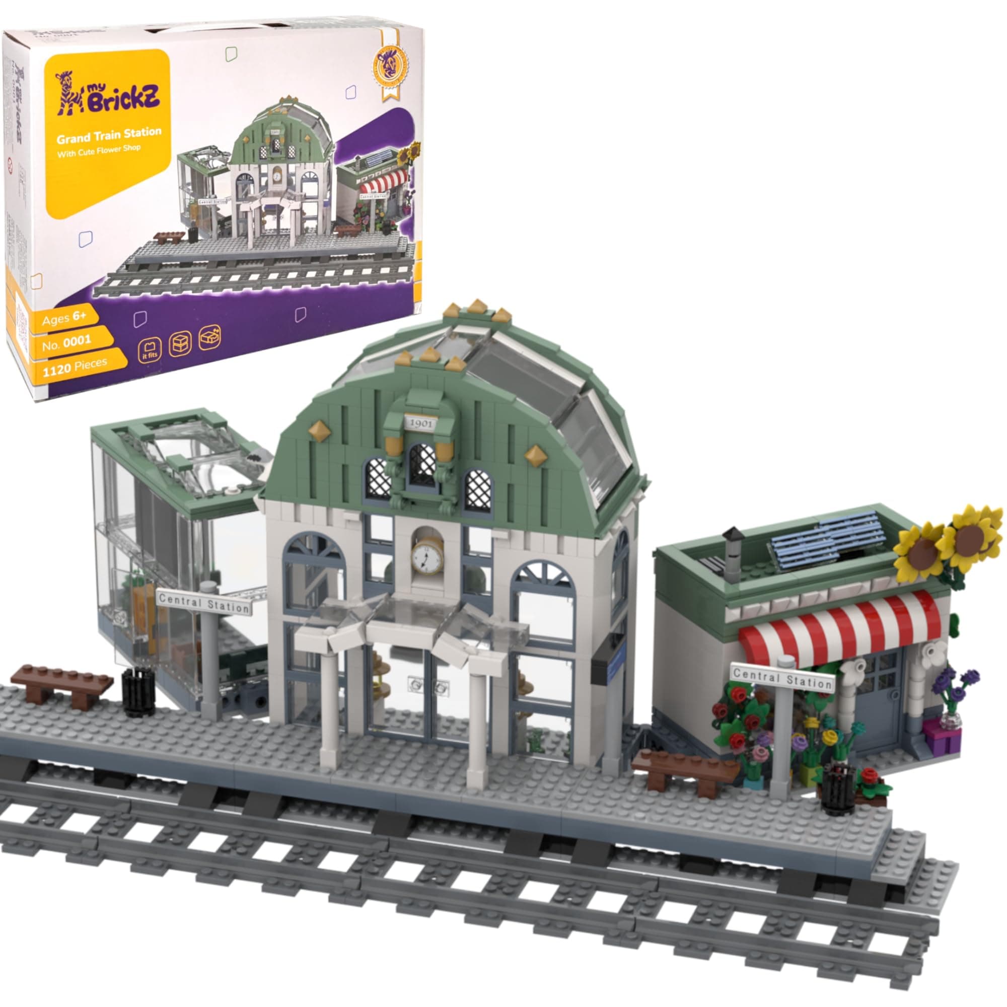 myBrickZ 0001 Large Train Station with Flower Shop, 1.120 Building Block, Gift for Boys and Girls, Compatible with Lego, MOC House for Train and City, City Building Set Bricks