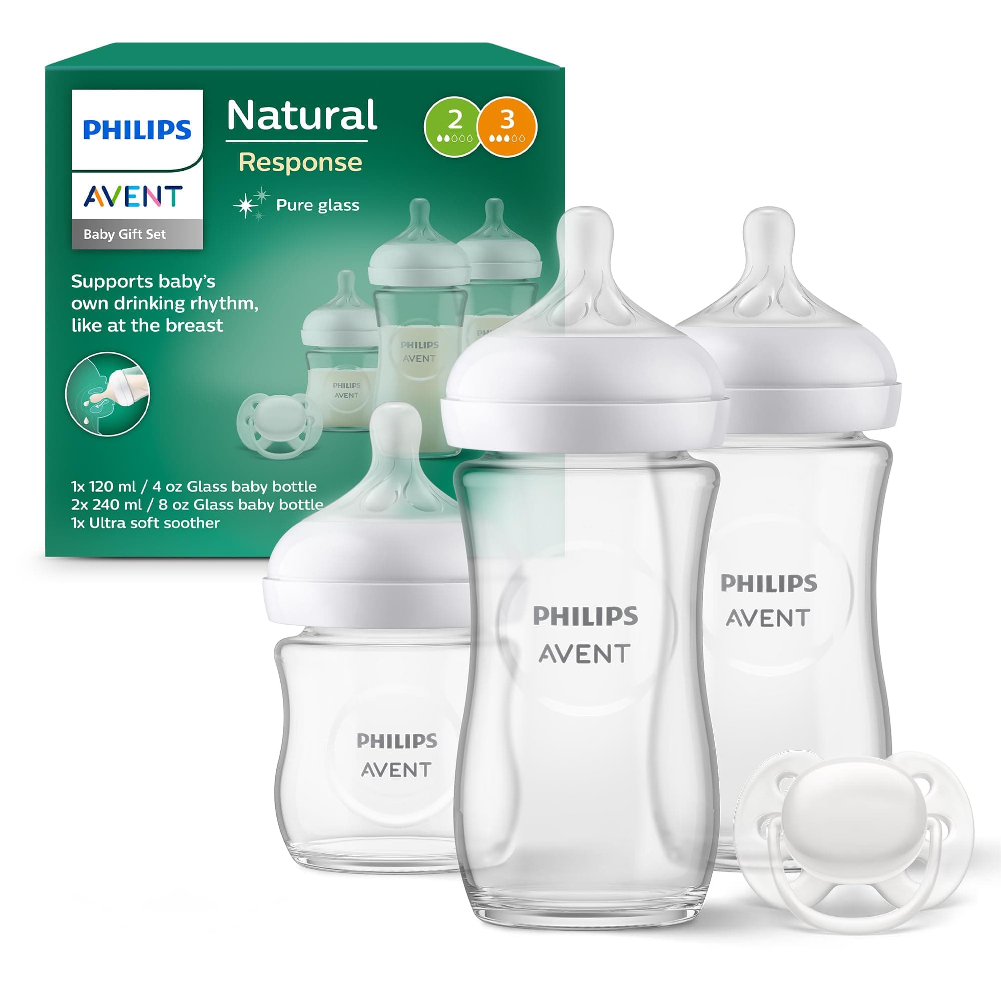 Philips Avent Kit biberons en verre pour nouveau-né – 3 biberons à Réponse Naturelle, sucette ultra-douce 0 à 6 mois, sans BPA (modèle SCD878/11) - Image 1
