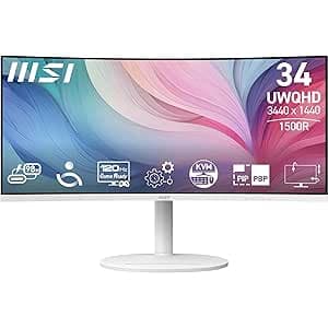 MSI Modern MD342CQPW 34'' UWQHD Curved 1500R PC Monitor - VA Panel 3440 x 1440, KVM, PIP/PBP, Wide Colour Gamut, Eye Comfort, Built-in Speakers, 3-Axis Adjustable - HDMI 2.0b, DP 1.4