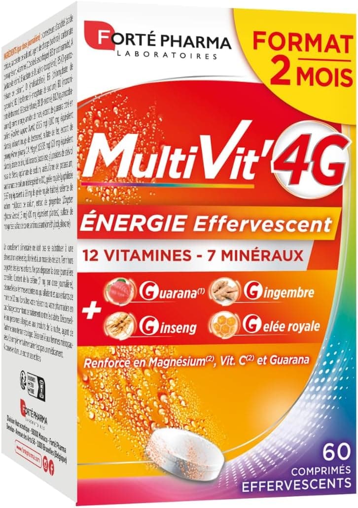 Forté Pharma Forté Pharma - Multivit' 4G Effervescent Energy | Food Supplement Form and Tone - 12 Vitamins and 7 Minerals | 60 Effervescent Tablets