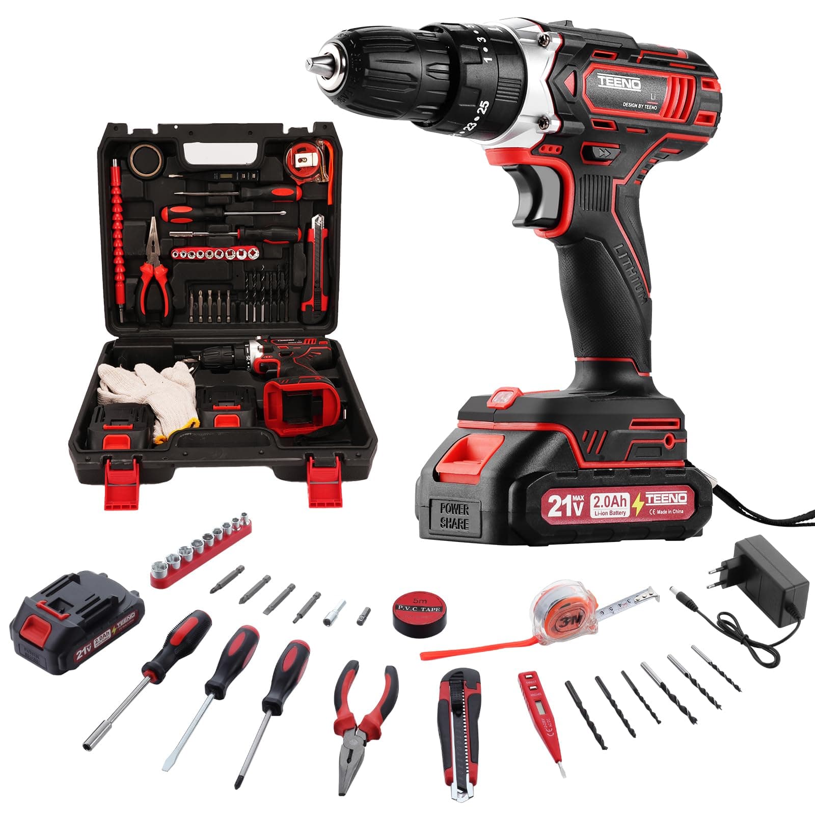 TEENO 21 V Cordless Drill for Makita Battery 2 x 2.0Ah Batteries, 45 Nm Cordless Screwdriver, 25 + 1 Torque Settings, 2 Speeds, LED, 46 Accessories and Suitcase, for Woodworking - Image 1