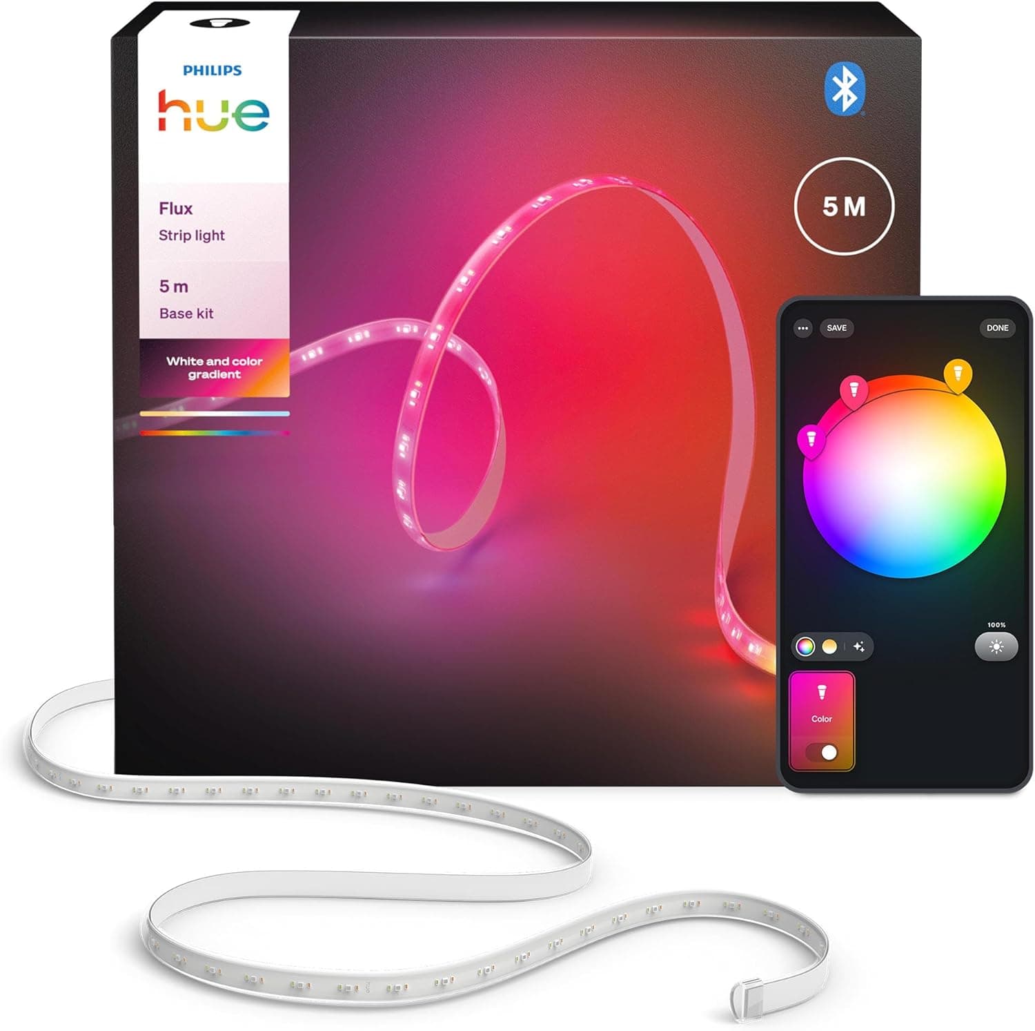 Philips Hue Philips Hue Flux LED Strip, 1200 lm, 5 m, WACA, Flexible Indoor Lighting, Chromasync Colours, RGBWWIC, Cuttable, Extendable, Reusable, Voice and App Control