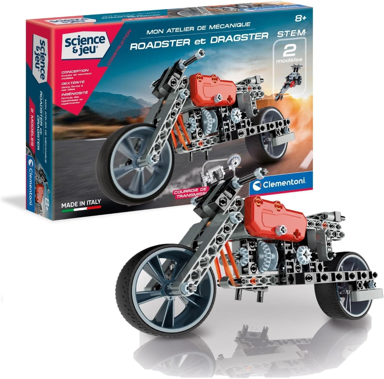 Clementoni | Mon Atelier de Mécanique – Construction Roadster & Dragster Enfants 8 Ans+ | Kit STEM à Construire | 130+ Pièces | Transmission Réaliste | Développement Logique et Dextérité